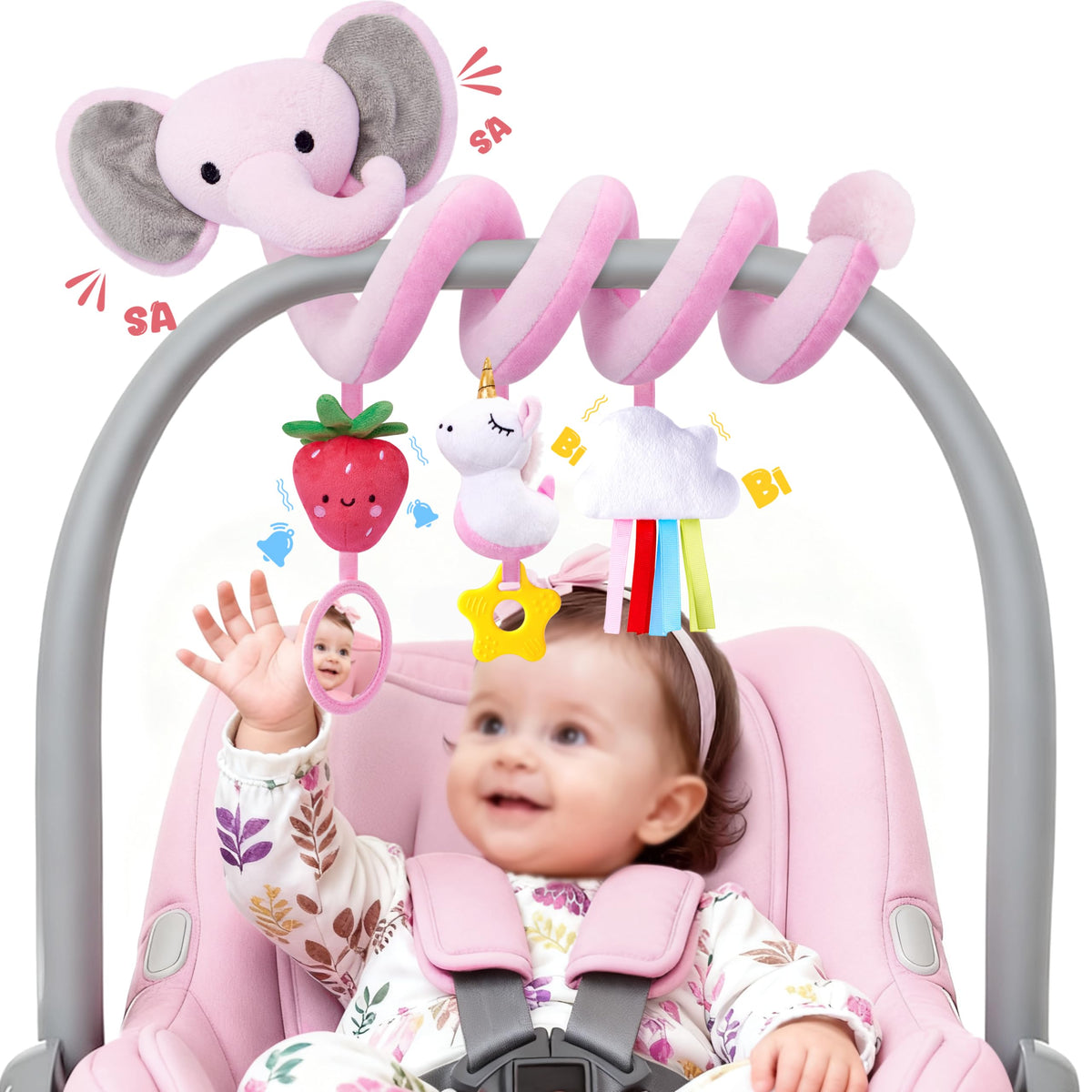 Stuffed pink elephant spiral car seat toy supports newborn visual tracking.