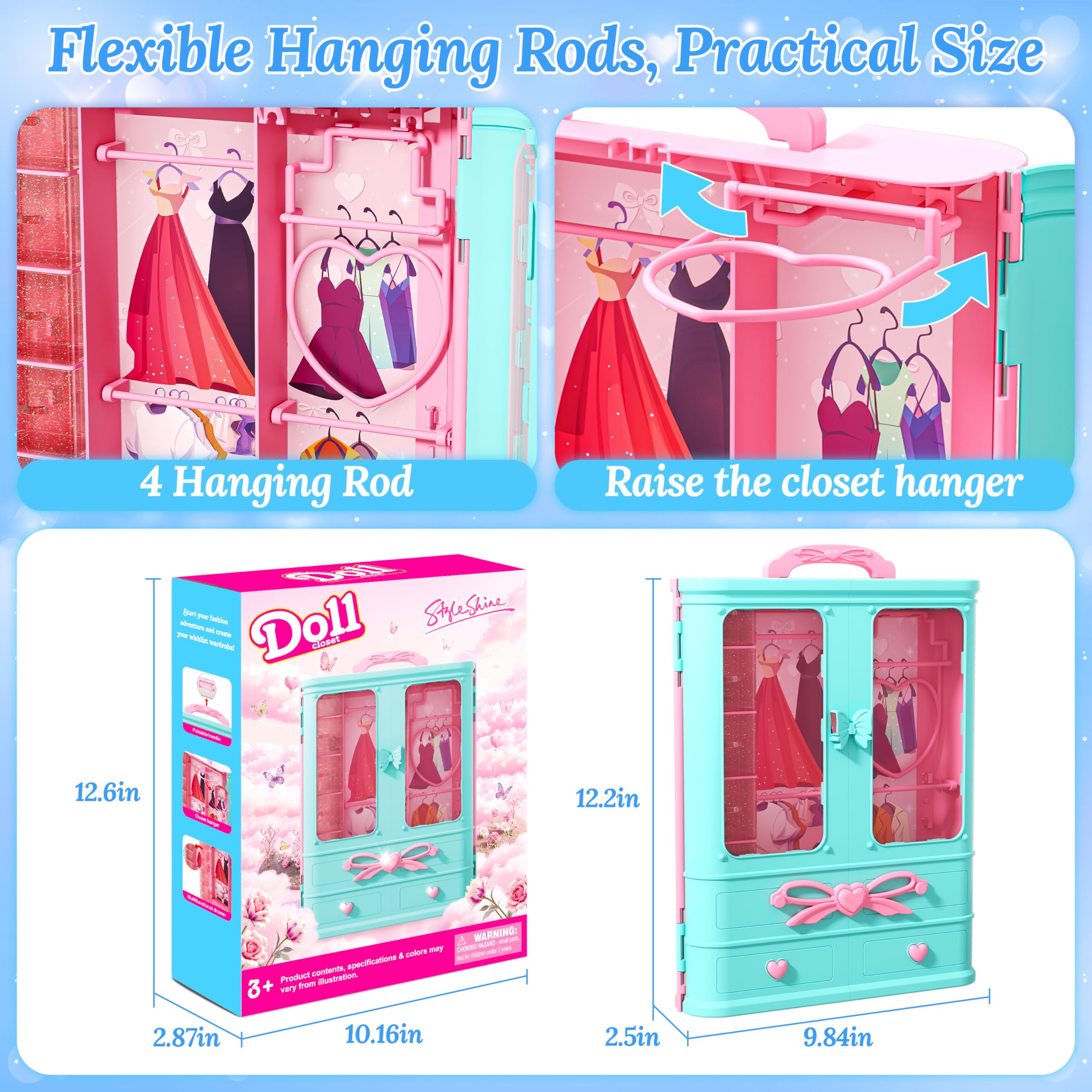 Style Shine cloth hangers keeping outfits neat and accessible.