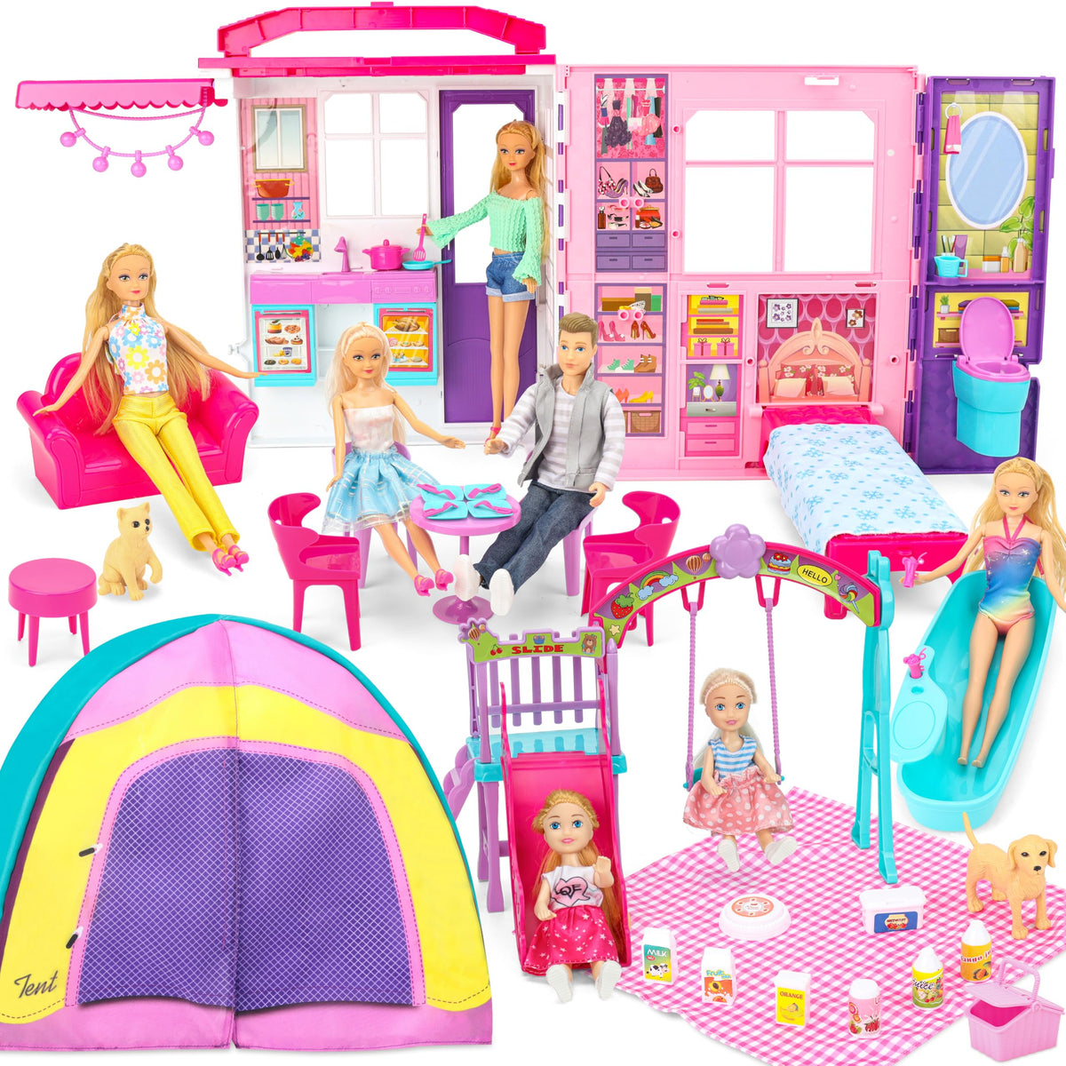 Style Shine Doll House folding carry case enables easy travel-ready pretend play.