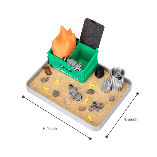 Stylor mini raccoon and sand rake scene encourages quick mindful breaks.
