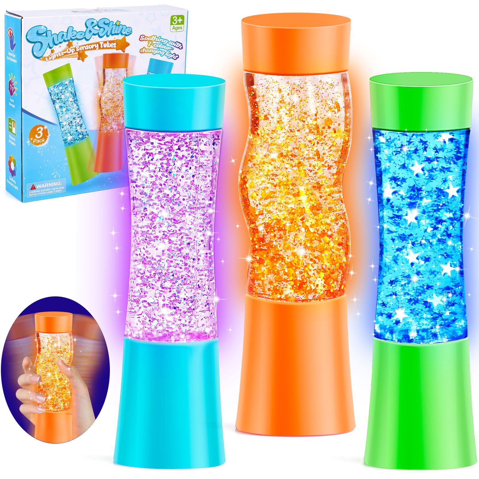 Subao light-up sensory tube with blue glow for enhanced focus in dim light.