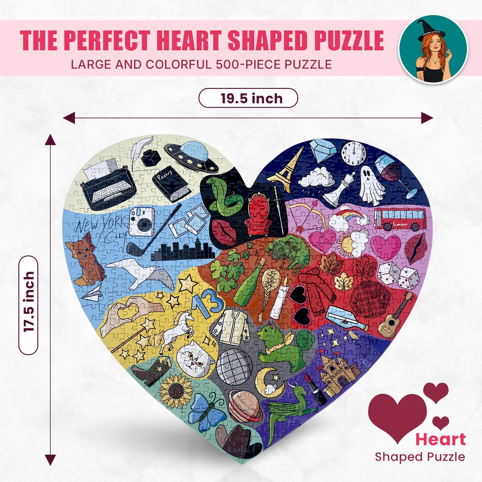 SUBURBAN WITCH CO ERAS heart-puzzle close-up reveals vibrant line work