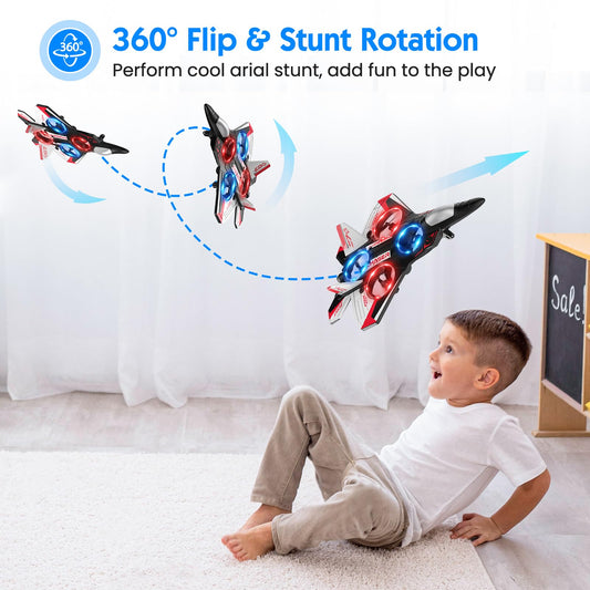 Sucpeii RC plane side view shows 360-degree flip and kid-friendly guards.