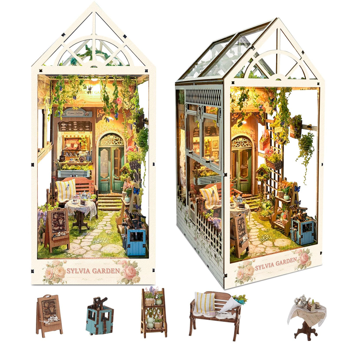 SUDOPOR Sylvia Garden book nook kit cover glows softly, enhancing shelf ambiance
