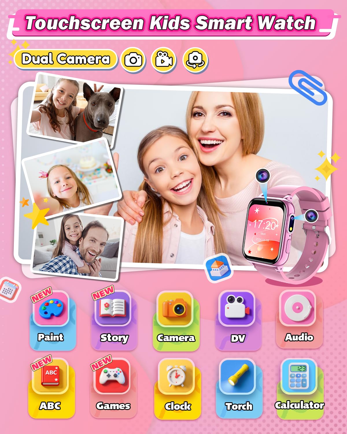 Sueseip kids smartwatch with dual cameras for clear photos and videos.
