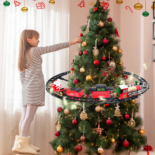 Sugolis Christmas train on tree display with lights for kids' imagination.