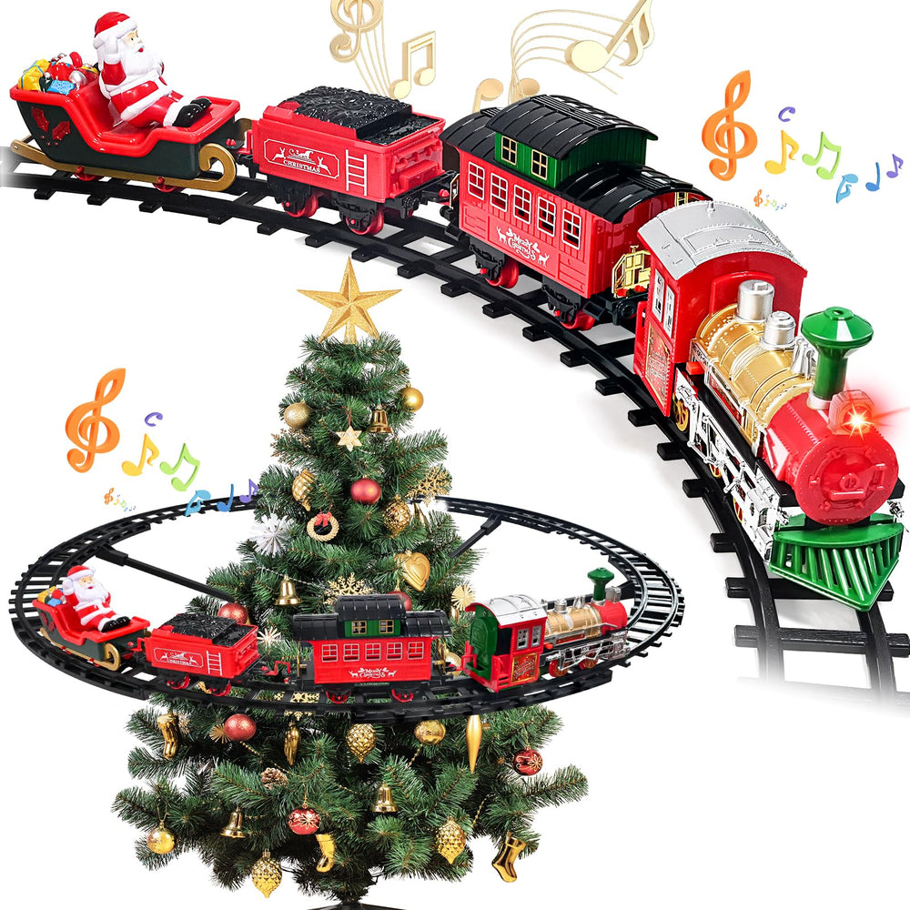 Sugolis Christmas train set with glowing track for festive play and tree decoration.