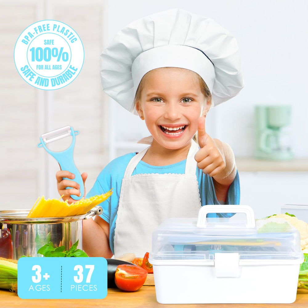 Suhctuptx cutting board and utensils support real cooking pretend play sessions.