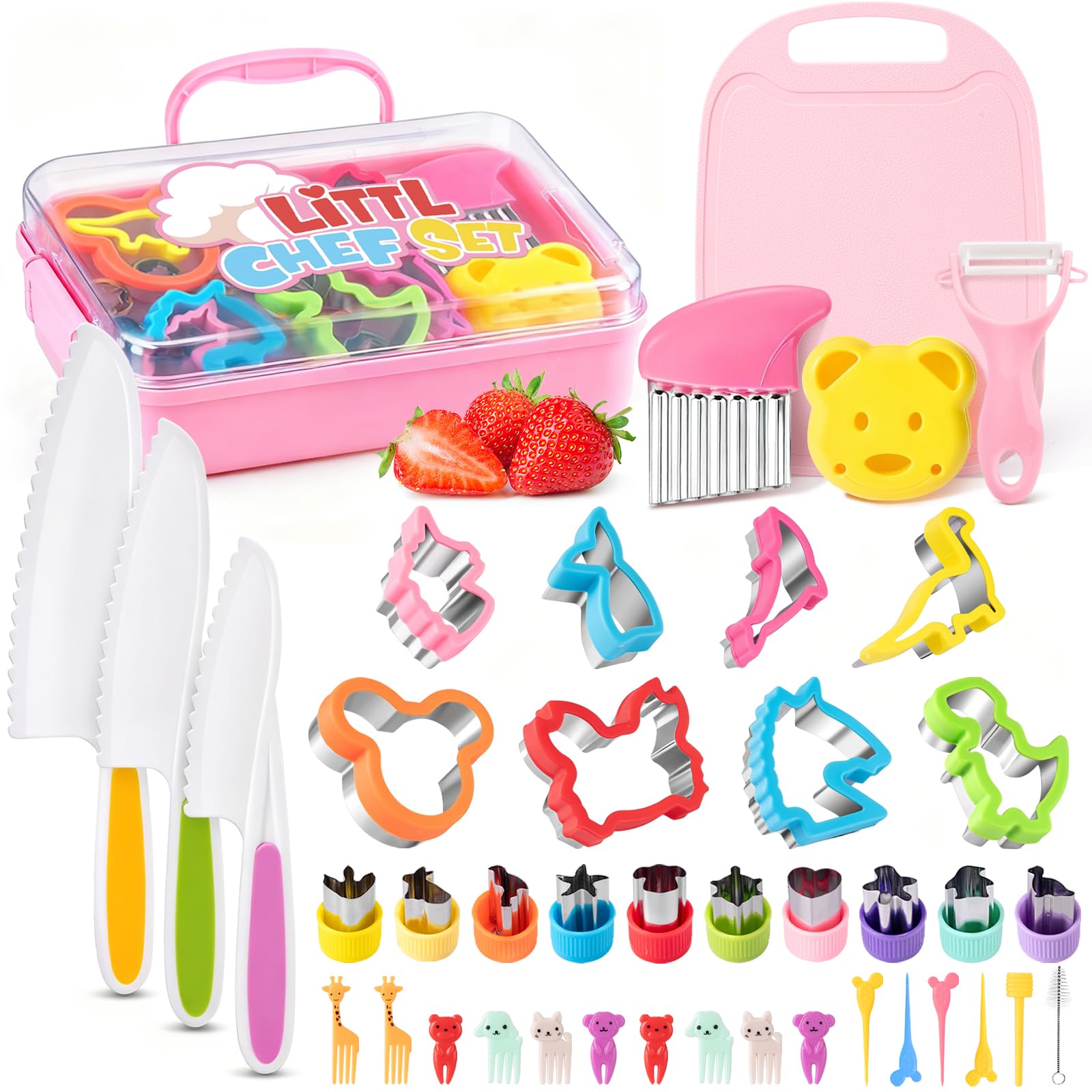 Suhctuptx Toddler Knife Set cutting-board view for safe real cooking in kids' kitchen.