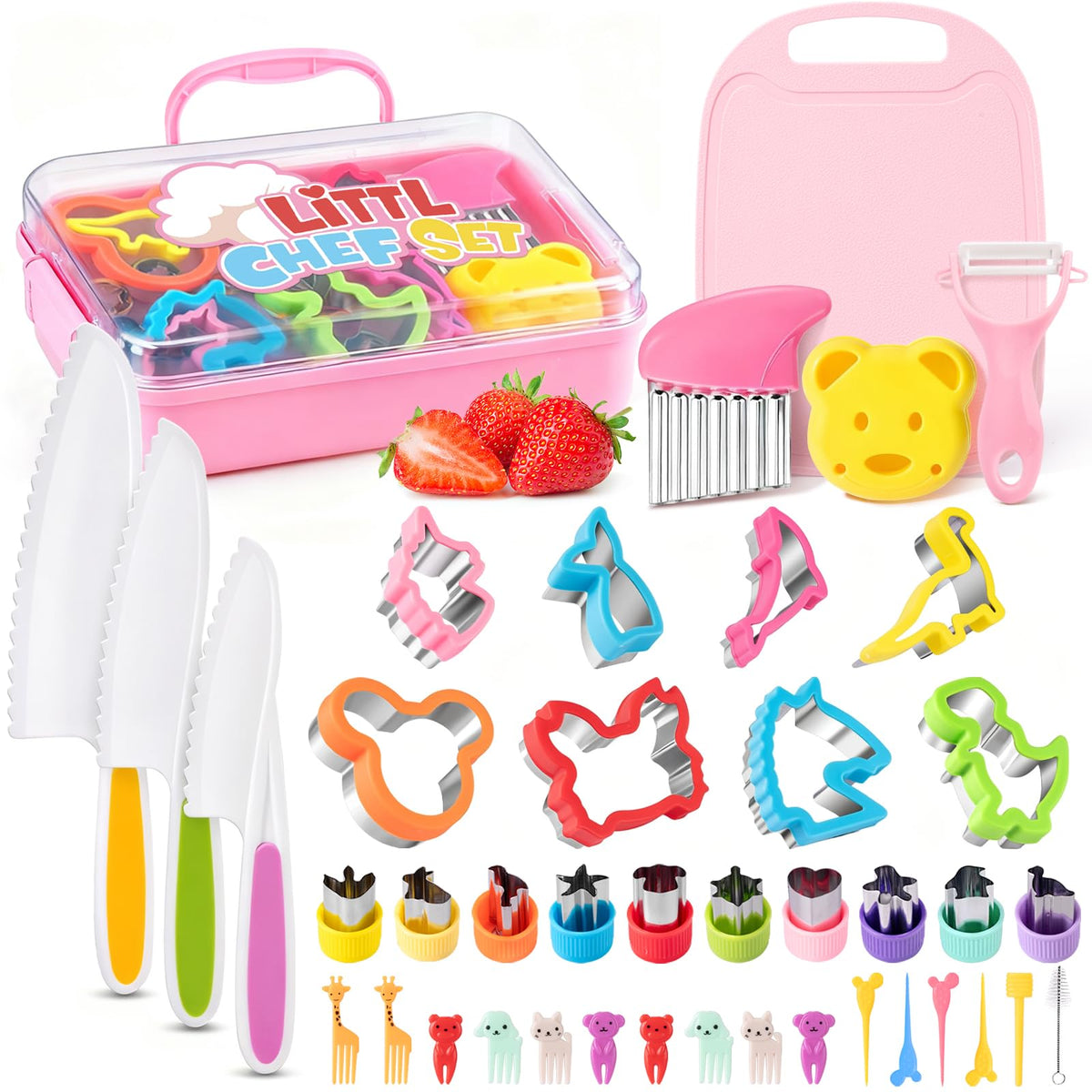 Suhctuptx Toddler Knife Set cutting-board view for safe real cooking in kids' kitchen.