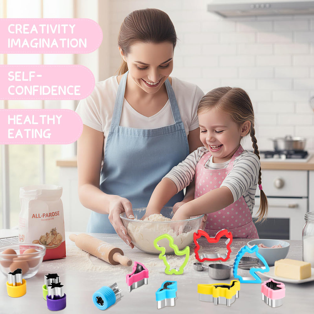 Suhctuptx sandwich and vegetable cutters show colorful shapes inspiring creative snacks.