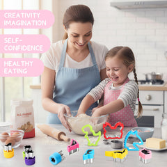 Suhctuptx sandwich and vegetable cutters show colorful shapes inspiring creative snacks.