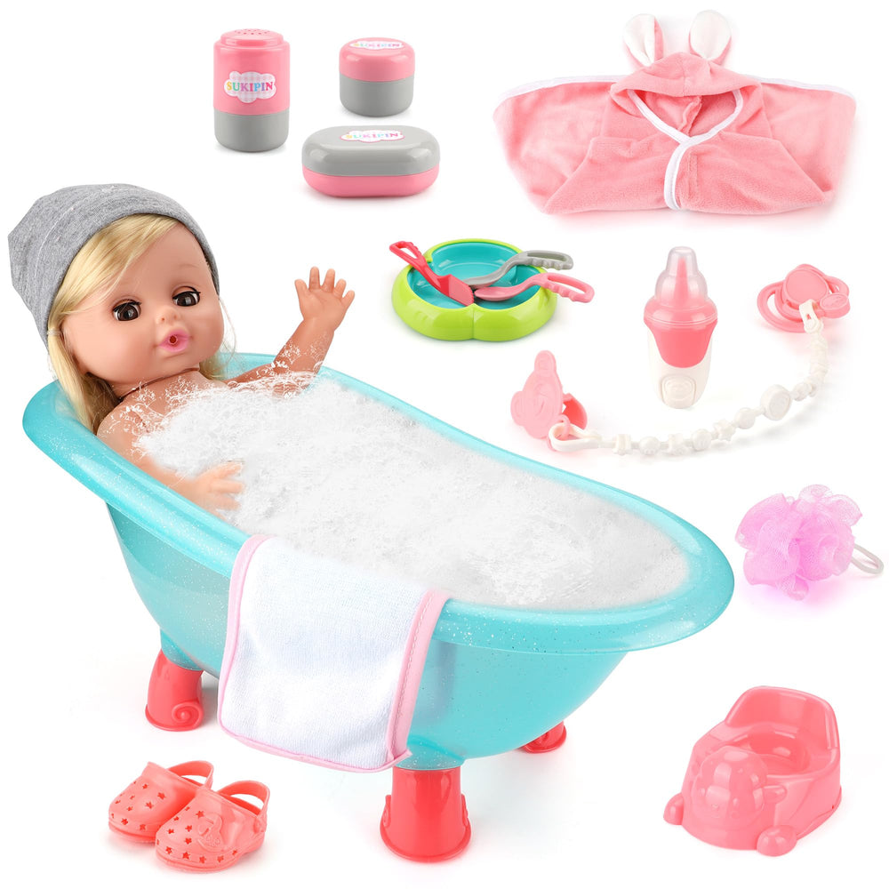 SUKIPIN baby doll bath set in a tub for imaginative bath time play.