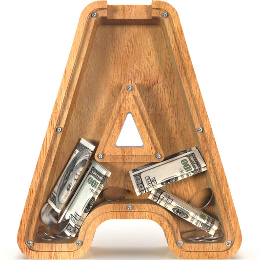 Sulevalt 12-inch wooden alphabet piggy bank front view with ample storage for kids' savings.