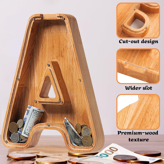 Sulevalt wooden alphabet piggy bank finish close-up highlighting smooth polish.