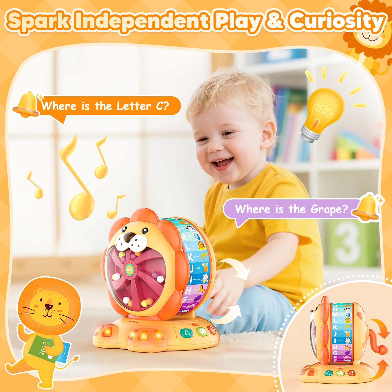 Sumapner Lion toy displays glowing lights during interactive learning