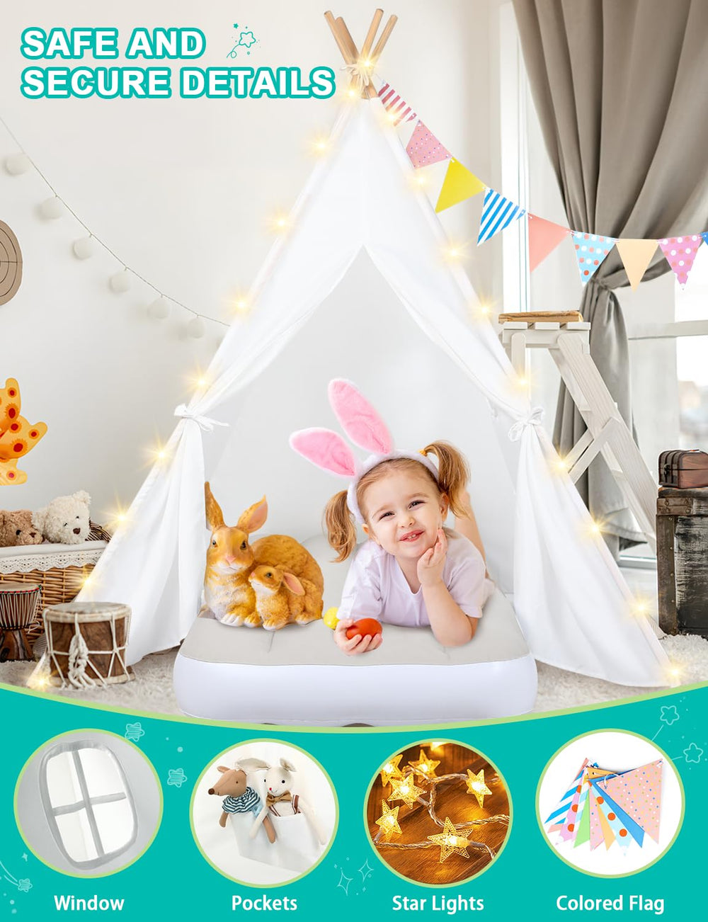 Sumbababy colored flags add bright, decorative party accents to the teepees.