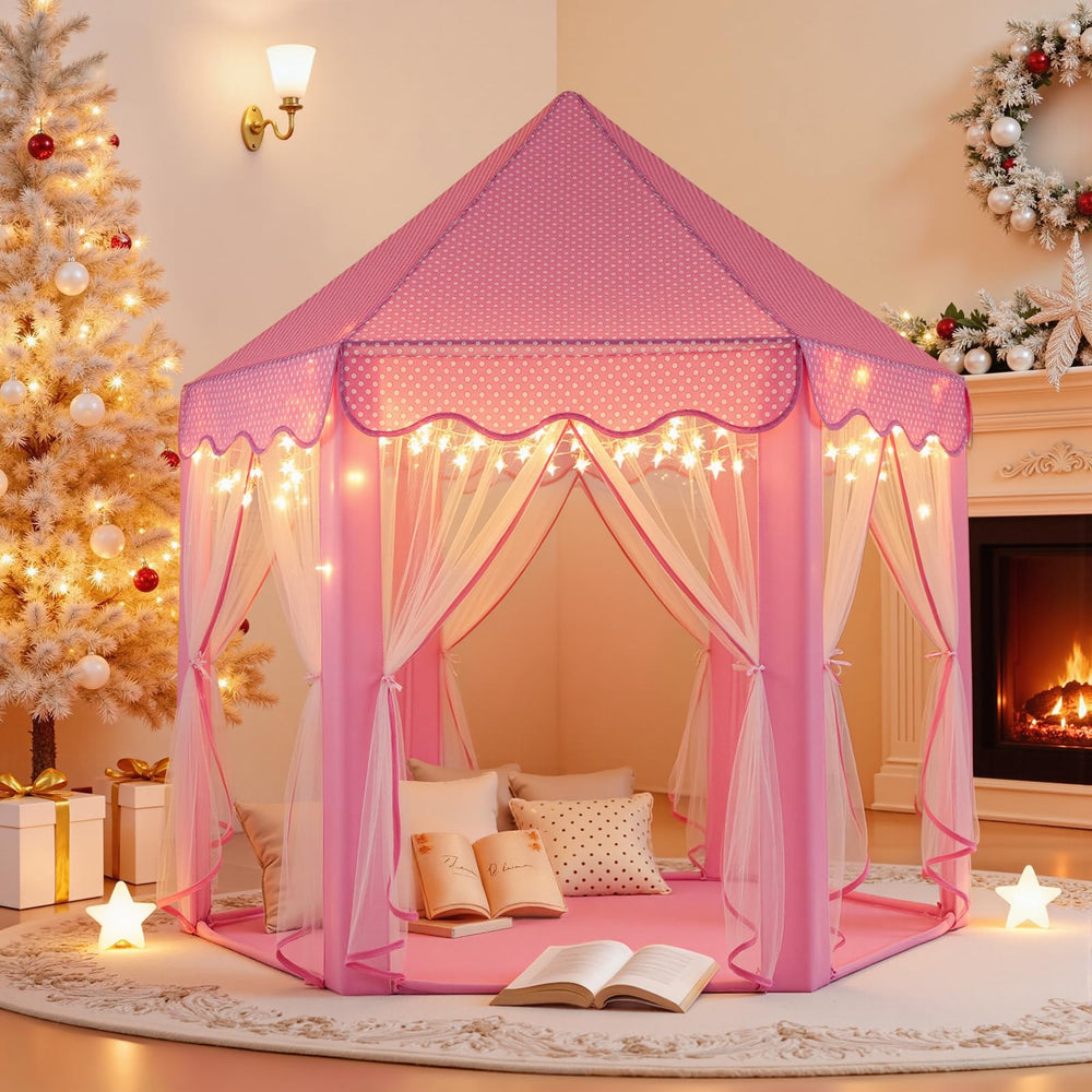 Sumbababy fairy star lights illuminate the pink tent for magical playtime.