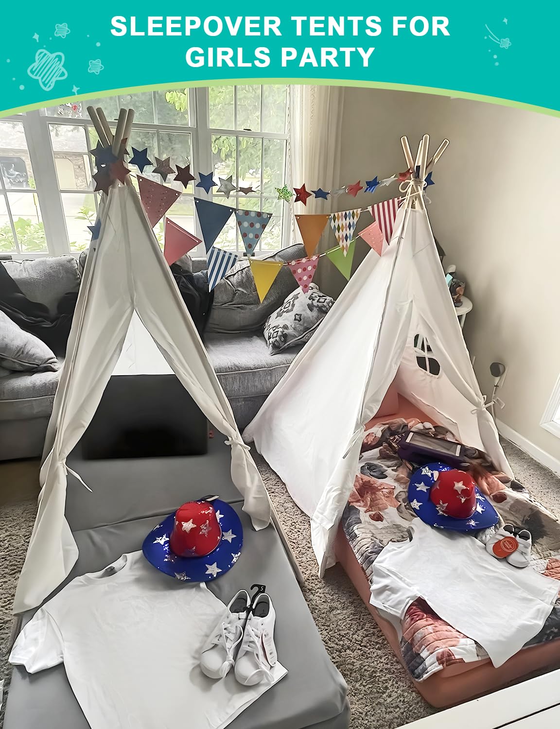 Sumbababy star lights illuminate the teepee, adding magical ambiance for reading.