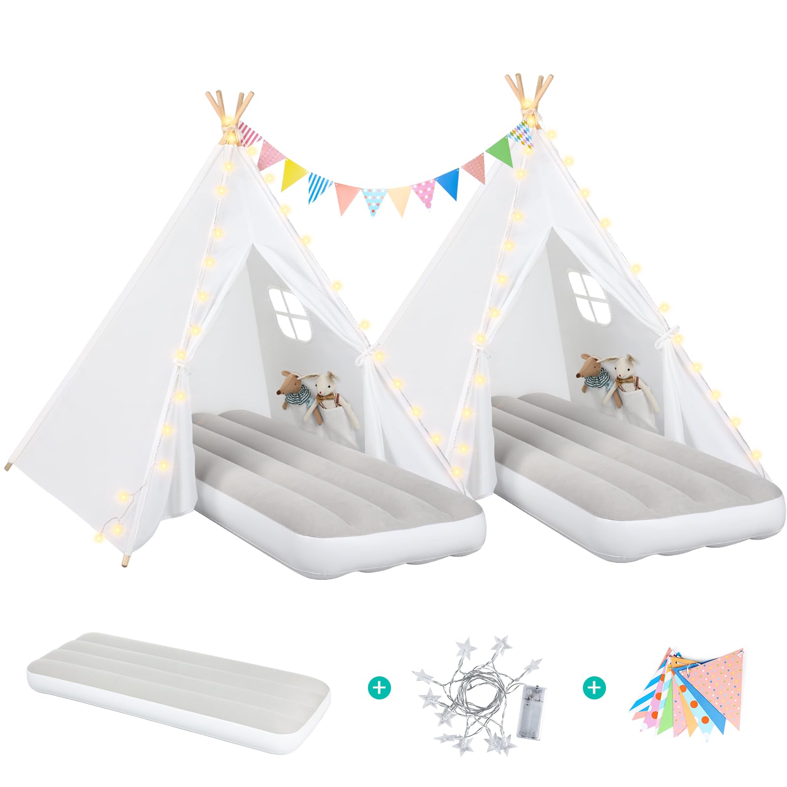 Sumbababy teepee tent for kids sleepover in white creates cozy play space.