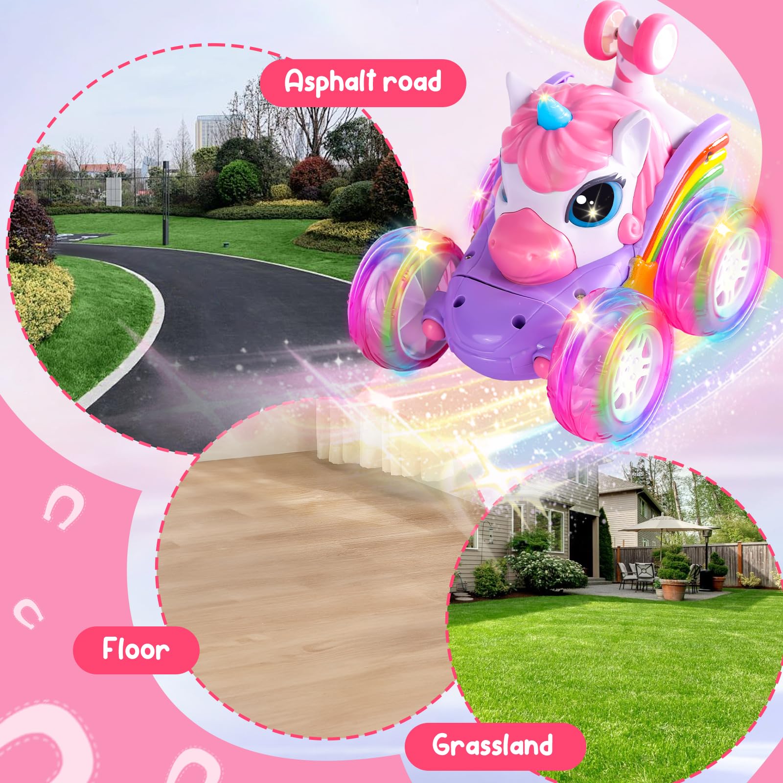 SUMEAUT unicorn RC car LED lights glow during spins for nighttime excitement
