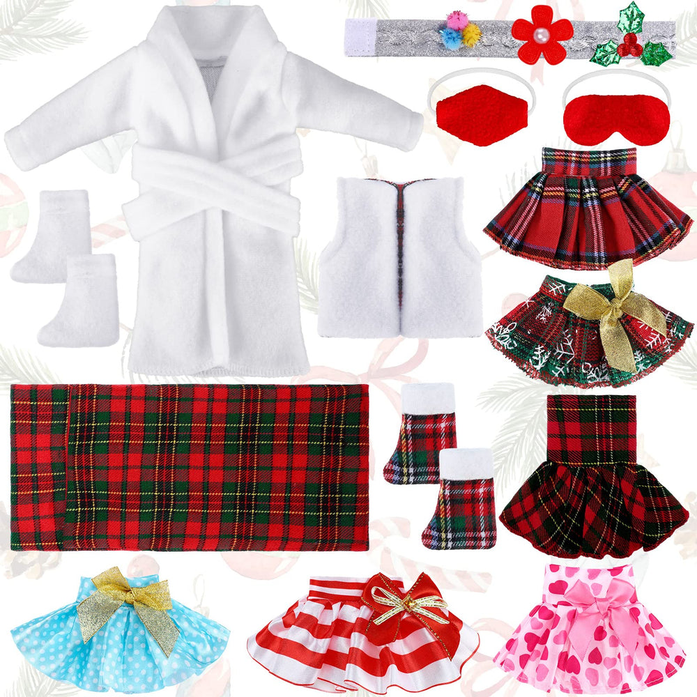 Sumind 14-piece Christmas doll clothes set with festive outfits for dolls.