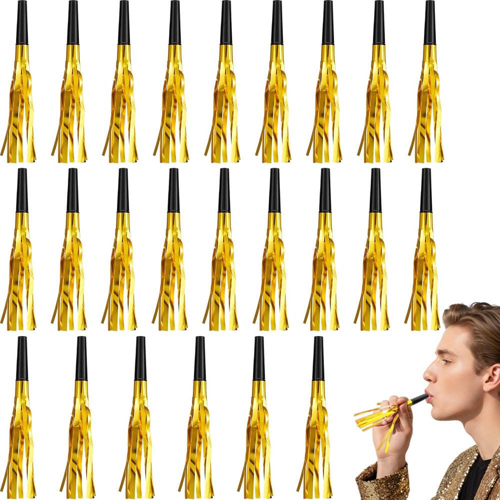 Sumind 48-pcs gold noise makers closeup, ideal for energizing celebrations