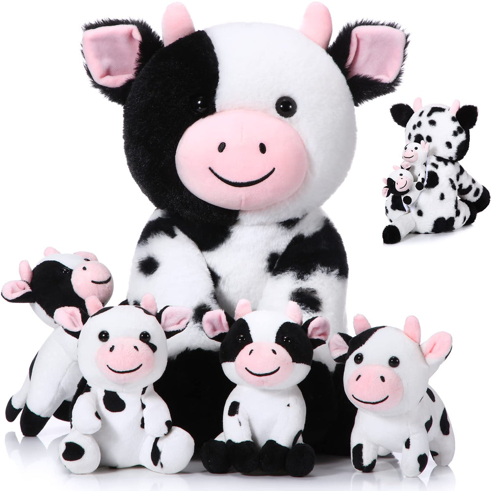 Sumind cow family plush set featuring mother cow and four baby calves for imaginative play