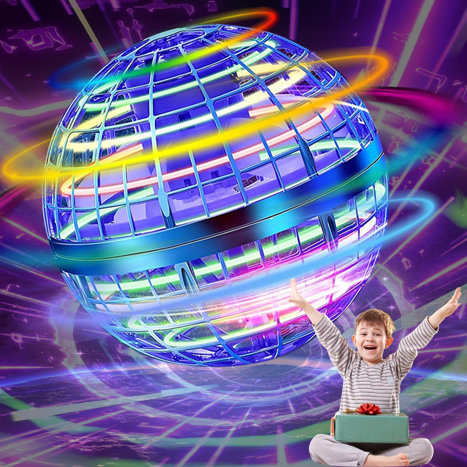 SUMMERLANGUAGE Flying Orb Ball blue front view with glowing RGB lights for indoor and outdoor fun.