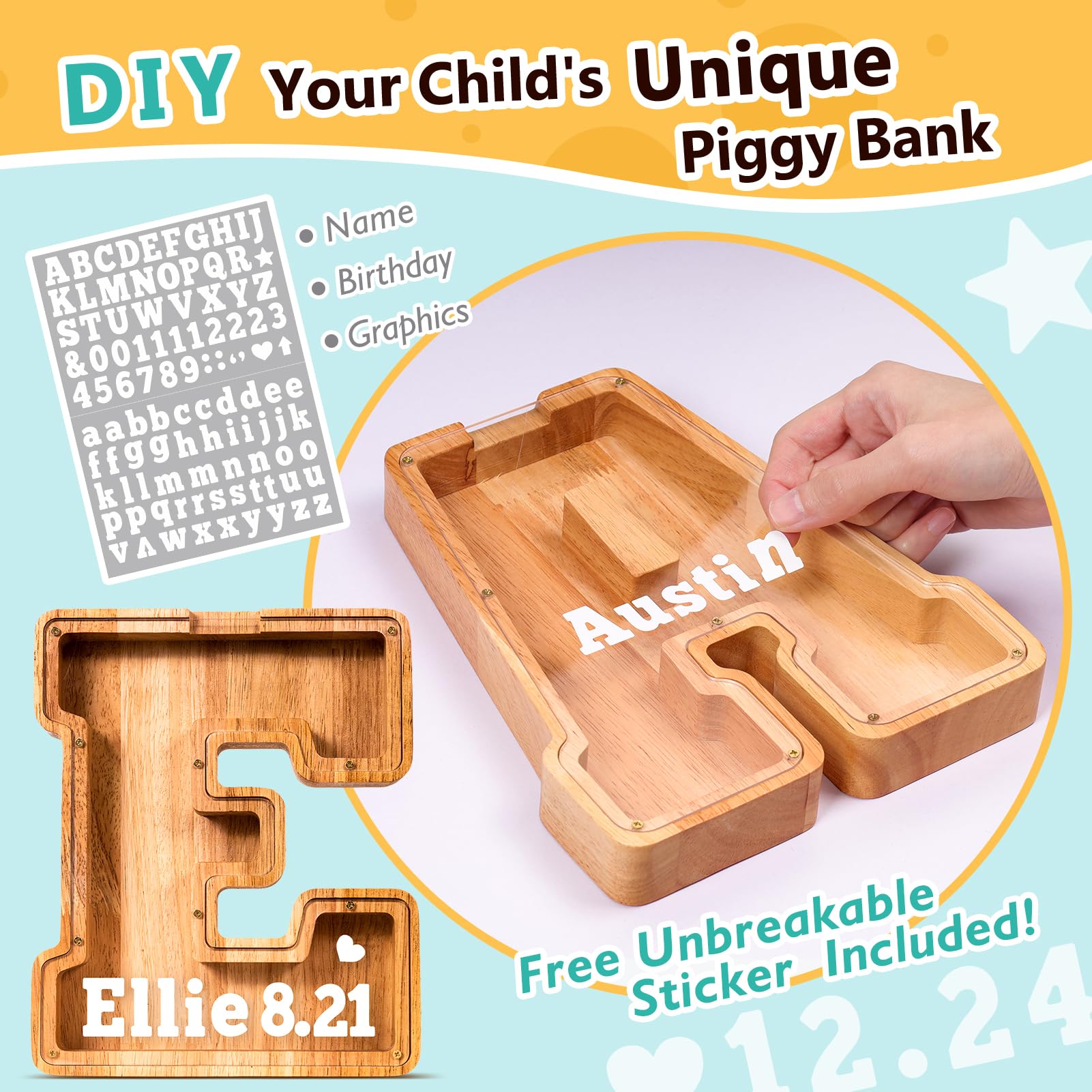 SummiDate wooden letter piggy bank engraving close-up showcases personalized options.