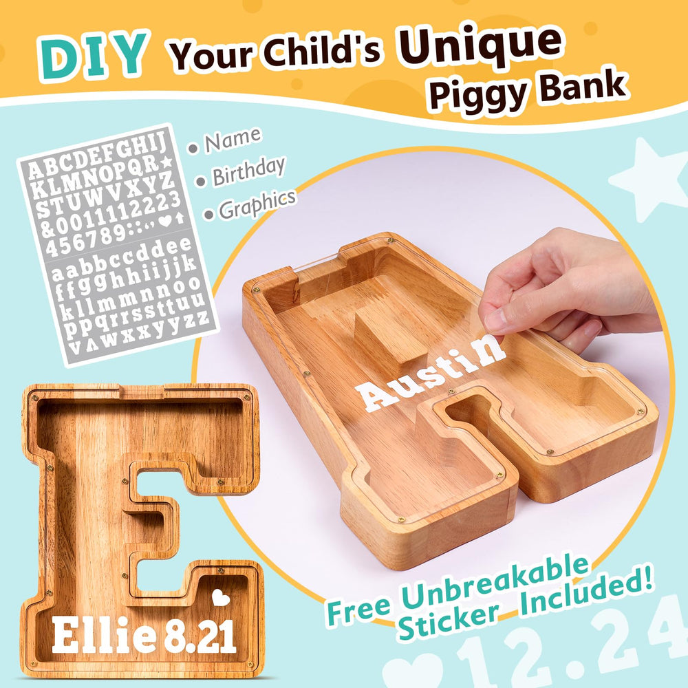 SummiDate wooden letter piggy bank engraving close-up showcases personalized options.