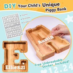 SummiDate wooden letter piggy bank engraving close-up showcases personalized options.