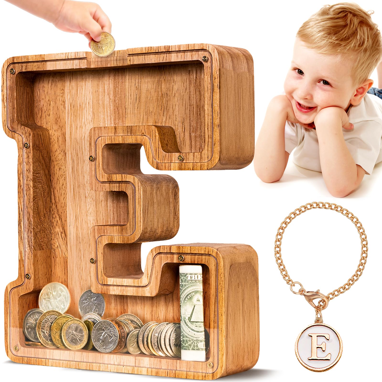 SummiDate wooden letter piggy bank front view shows natural finish and durable craftsmanship.