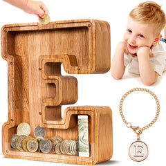 SummiDate wooden letter piggy bank front view shows natural finish and durable craftsmanship.