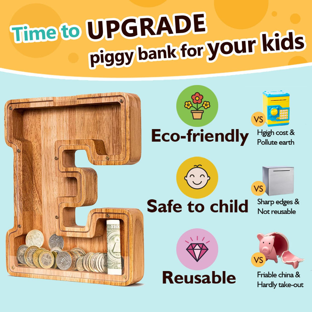 SummiDate wooden letter piggy bank removable acrylic cover for easy access.