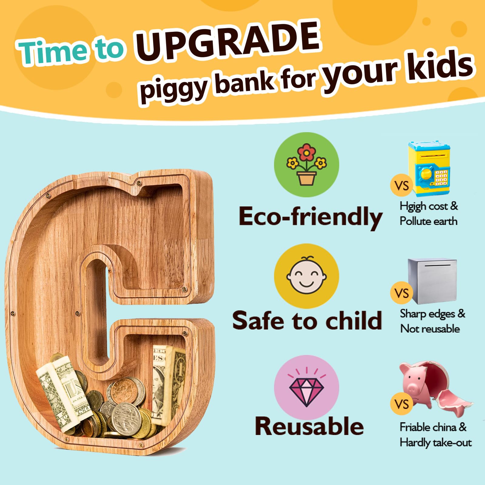 Summidate 9-inch tall wooden bank stores coins and bills in a decorative piece