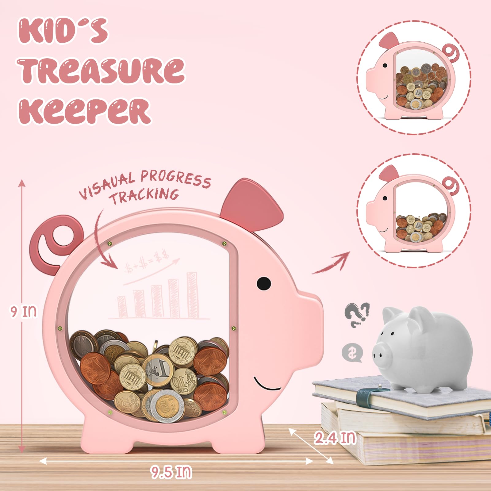 Summidate clear-window wooden piggy bank shows coins accumulating over time