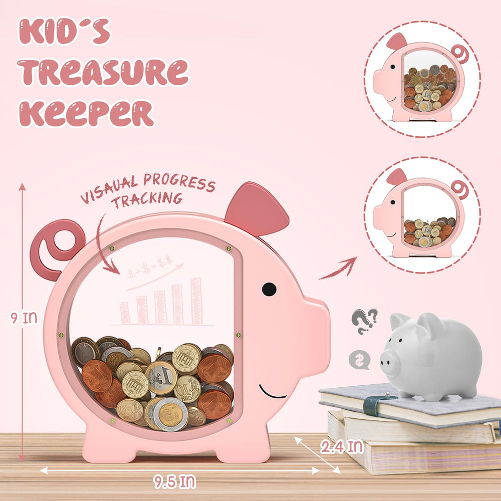 Summidate clear-window wooden piggy bank shows coins accumulating over time