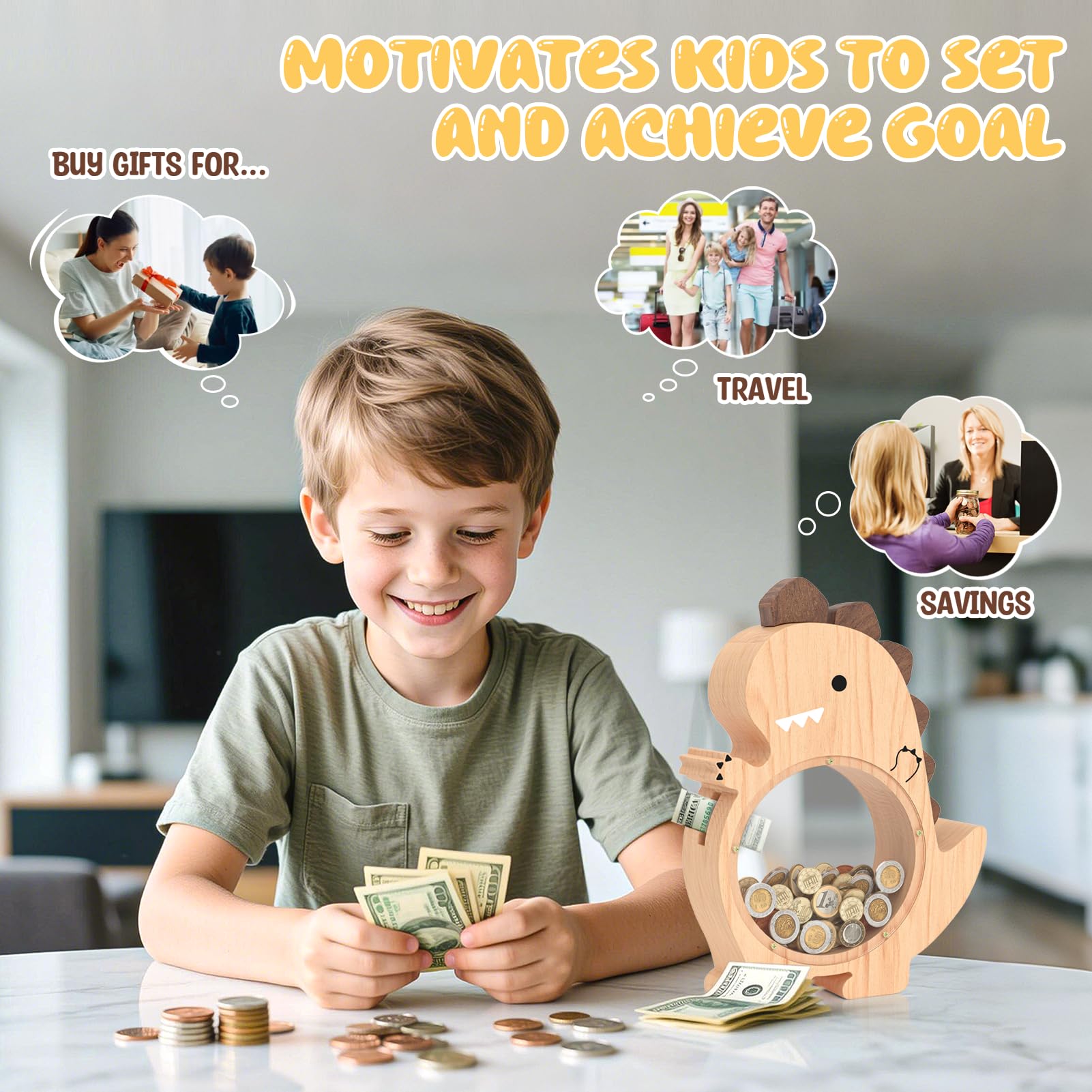 Summidate dinosaur bank demonstrates screw-access for money retrieval when needed.