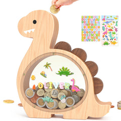 Summidate wooden dinosaur piggy bank front view showing friendly brachiosaurus design for kids