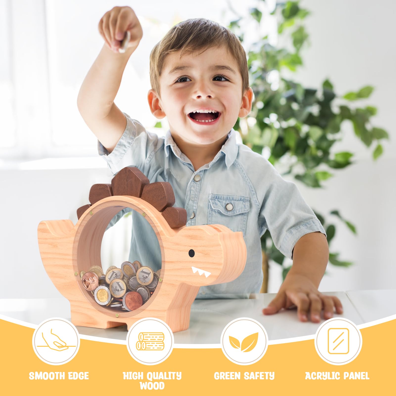 Summidate dinosaur piggy bank hidden slot reveals coins securely.