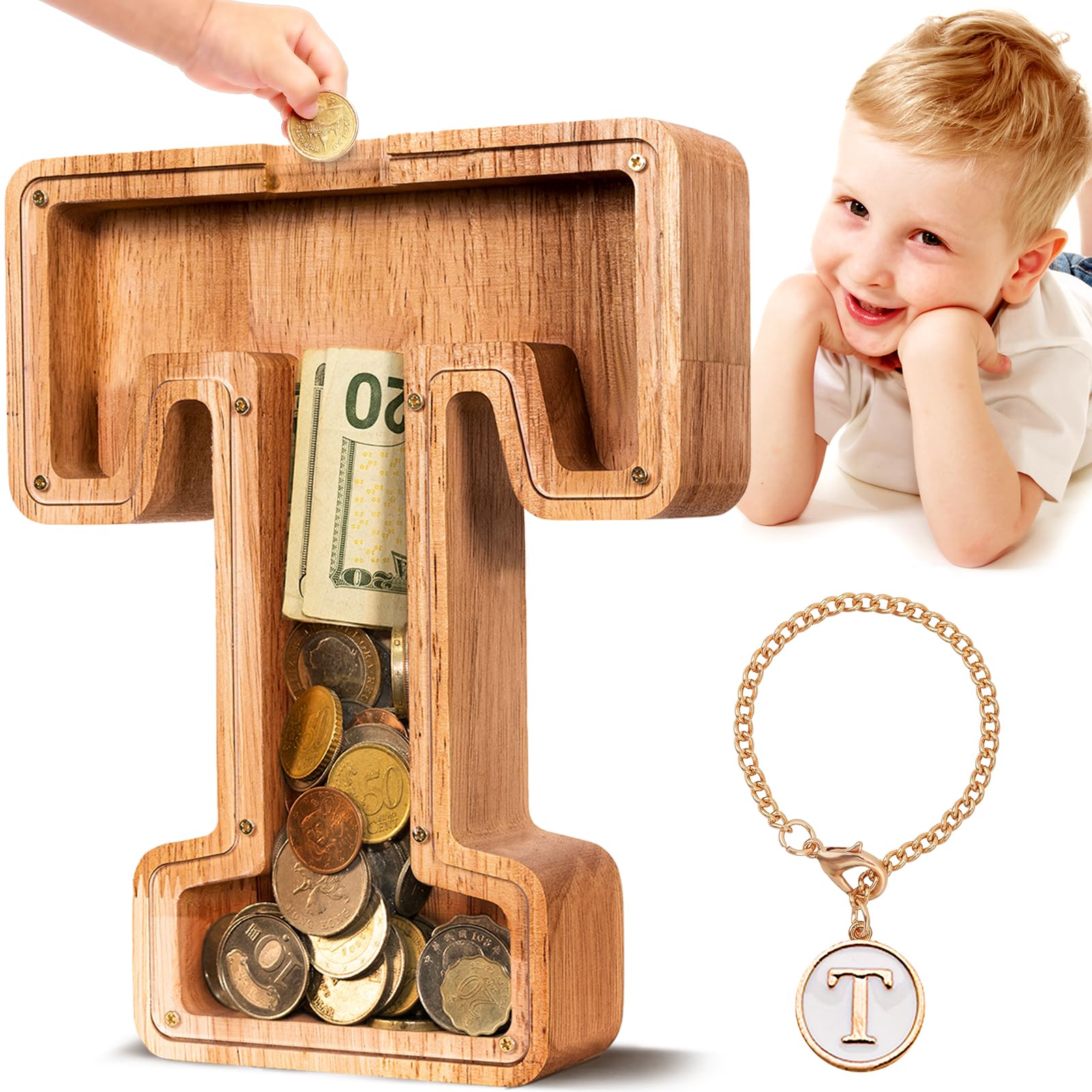 SummiDate wooden initial piggy bank front view shows name initial and transparent panel to track savings.