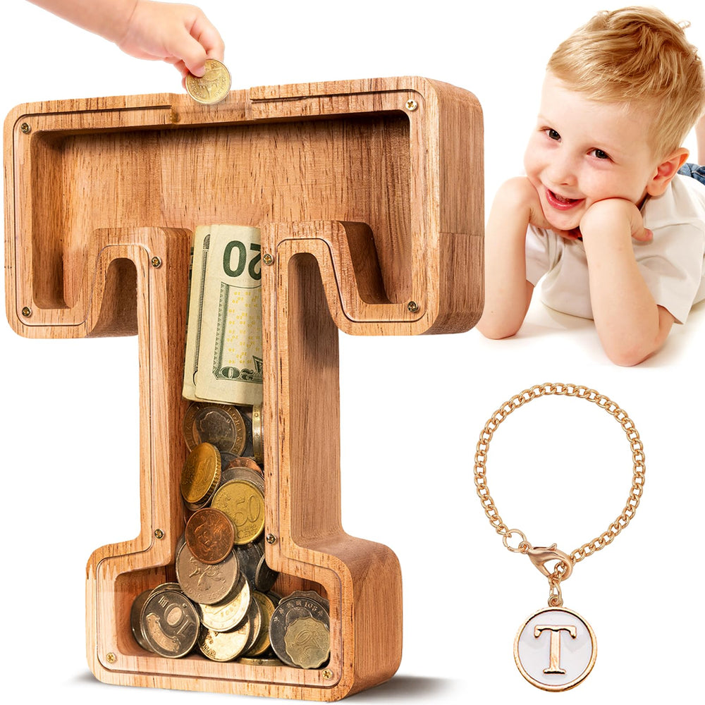 SummiDate wooden initial piggy bank front view shows name initial and transparent panel to track savings.