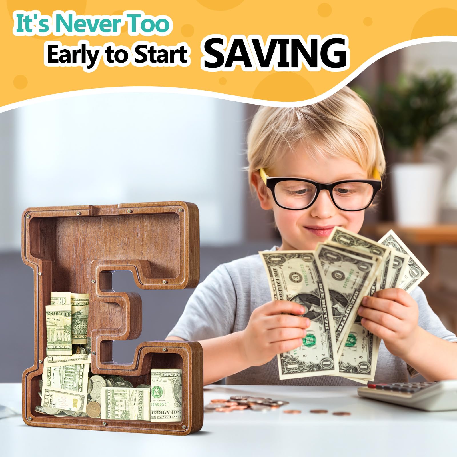 Summidate large-capacity wooden piggy bank stores coins and bills securely.