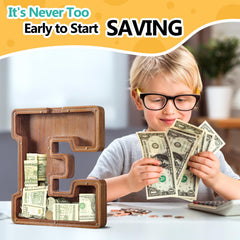 Summidate large-capacity wooden piggy bank stores coins and bills securely.