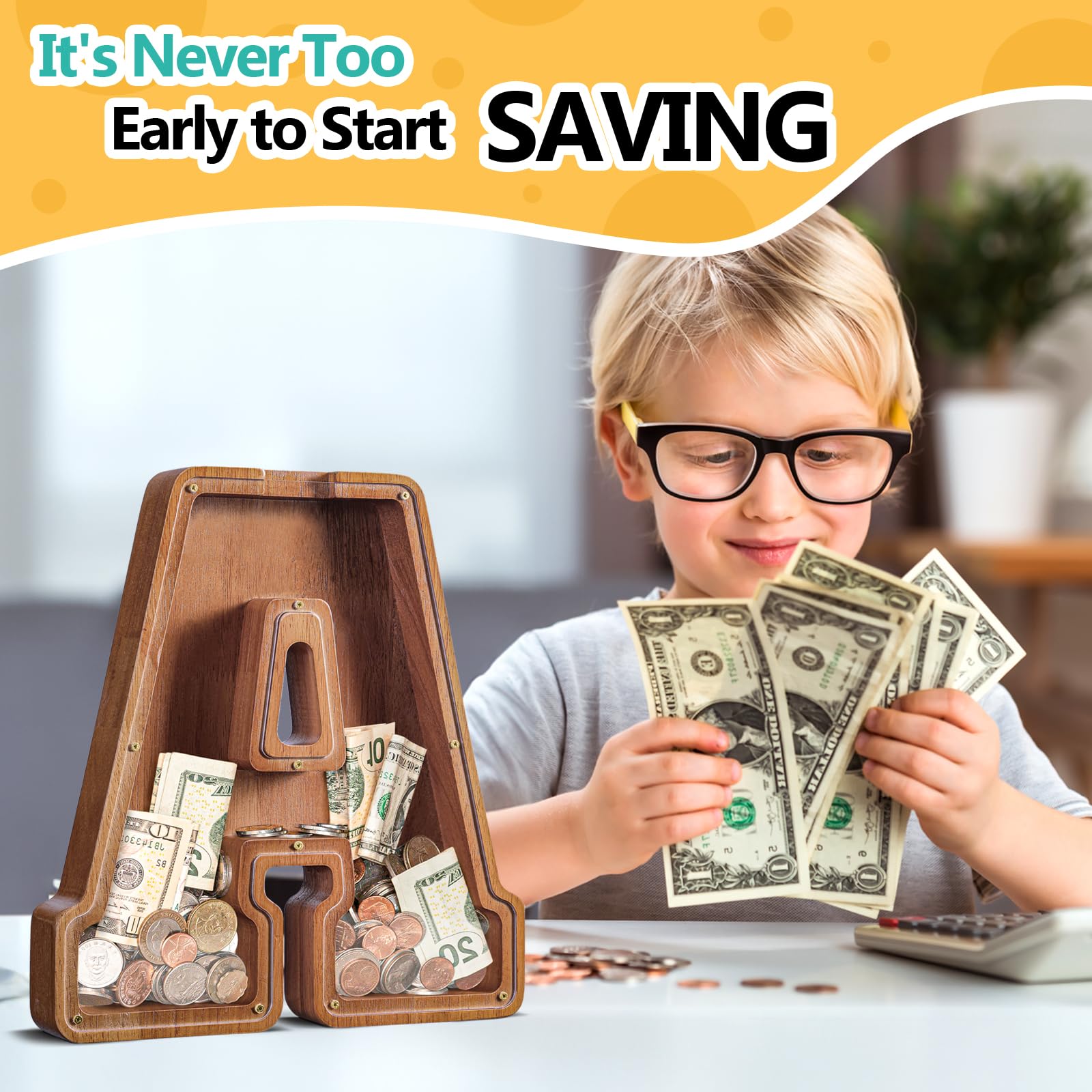 Summidate wooden piggy bank side view highlights its large capacity for coins and bills.