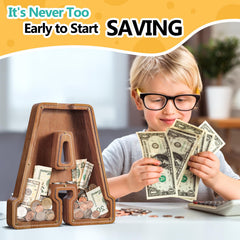 Summidate wooden piggy bank side view highlights its large capacity for coins and bills.