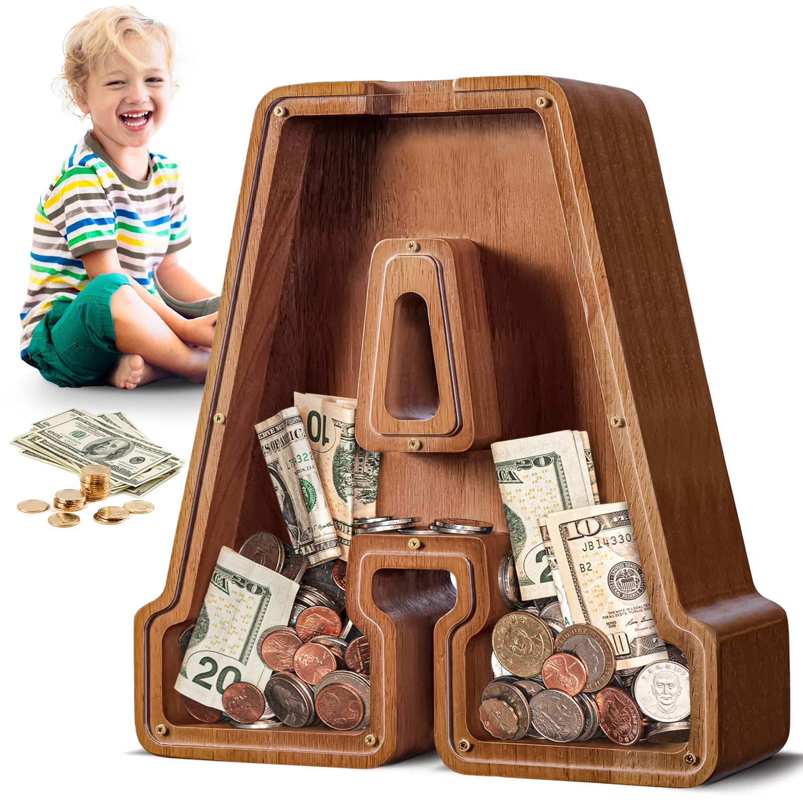 Summidate Letter A piggy bank front view shows a playful cutout design for learning to save.