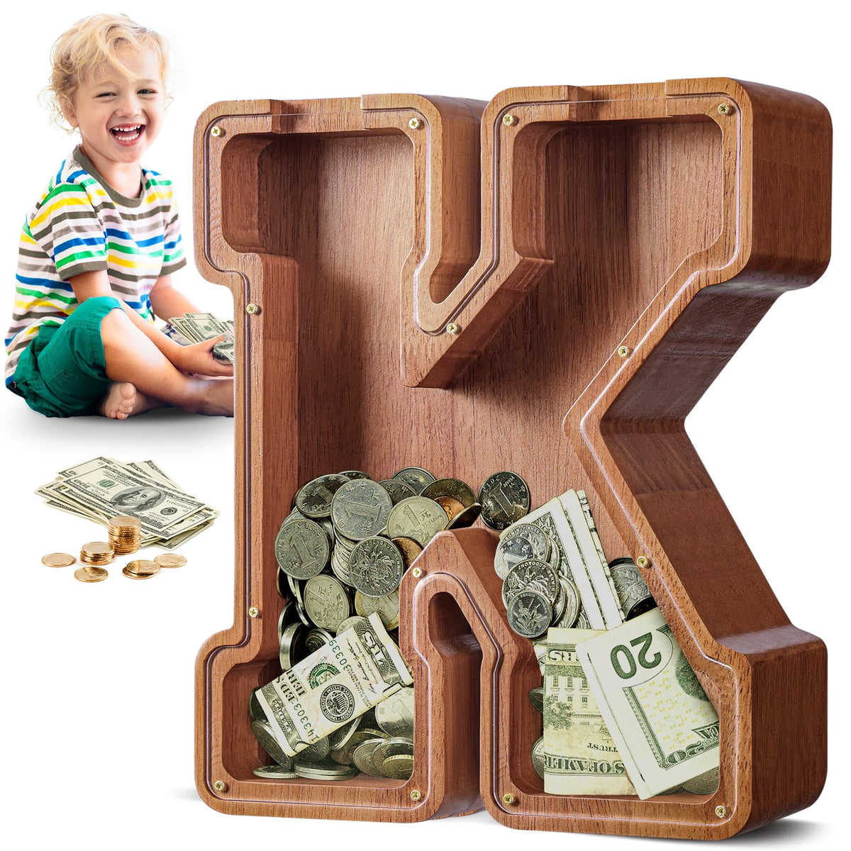 Summidate letter K piggy bank front view, bold initial design encourages kids to save