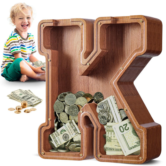 Summidate letter K piggy bank front view, bold initial design encourages kids to save